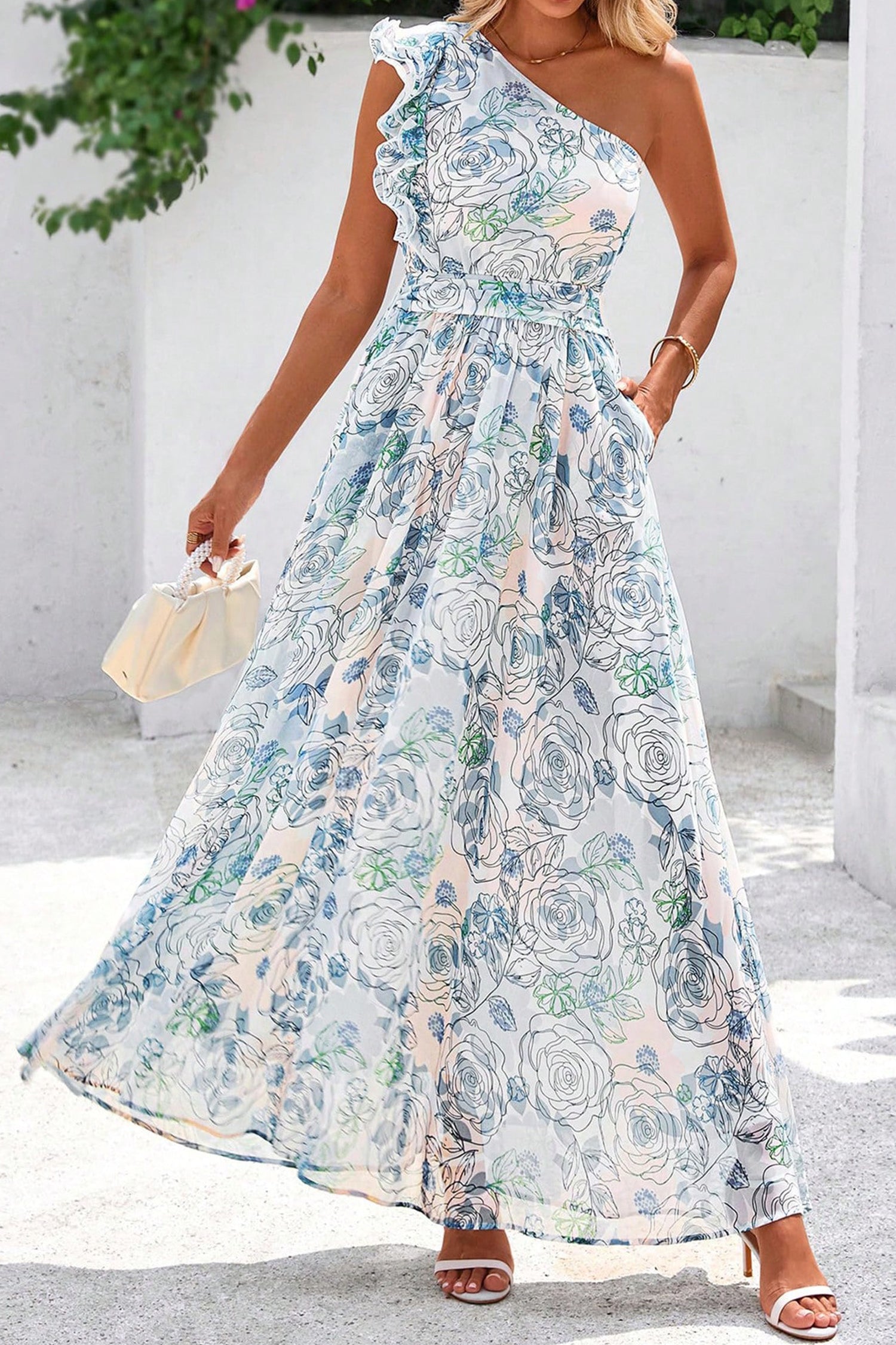 Sky Blue Floral Print Ruffled One Shoulder Vacation Maxi Dress