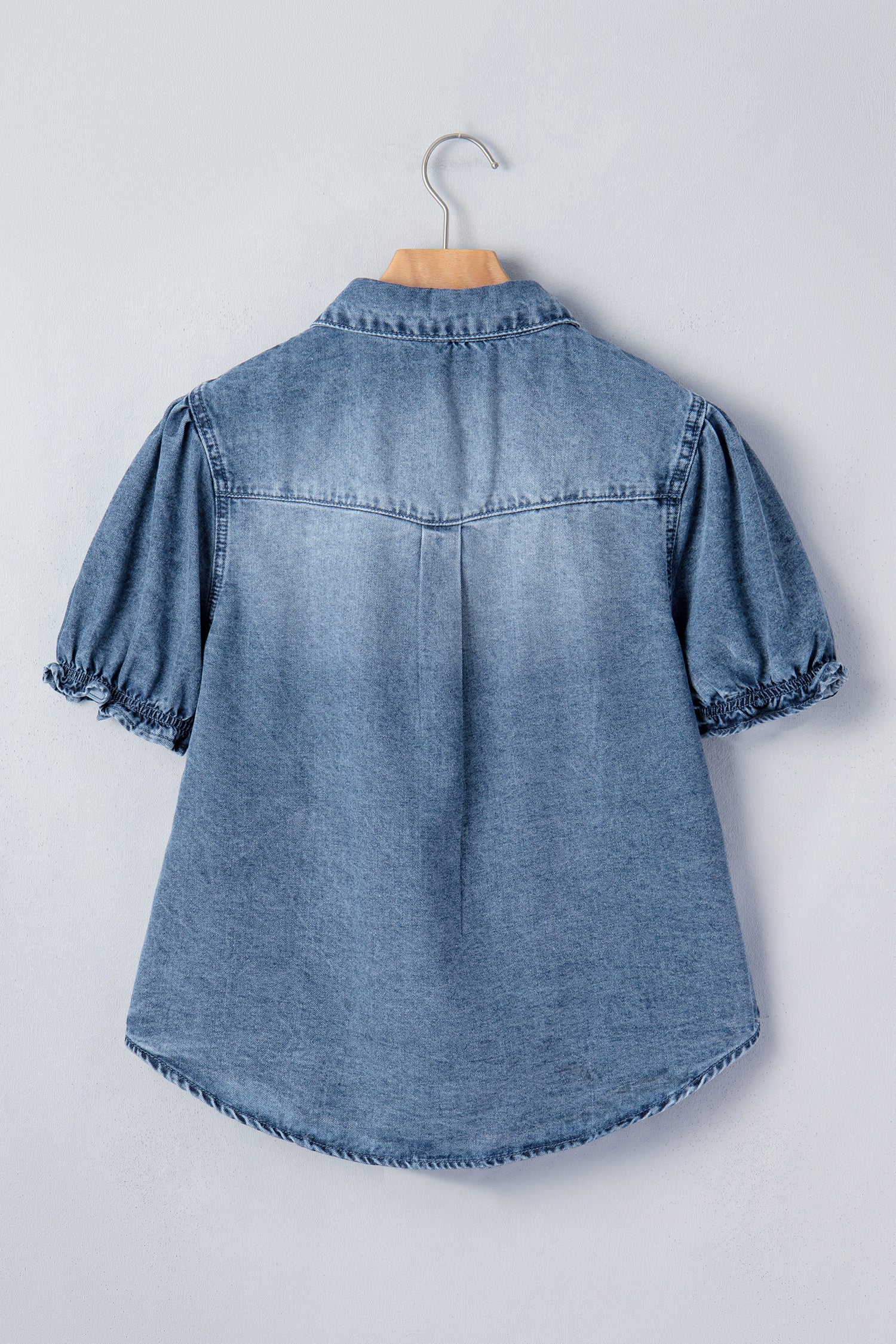 Beau Blue Frilled Short Sleeve Snap Button Denim Shirt