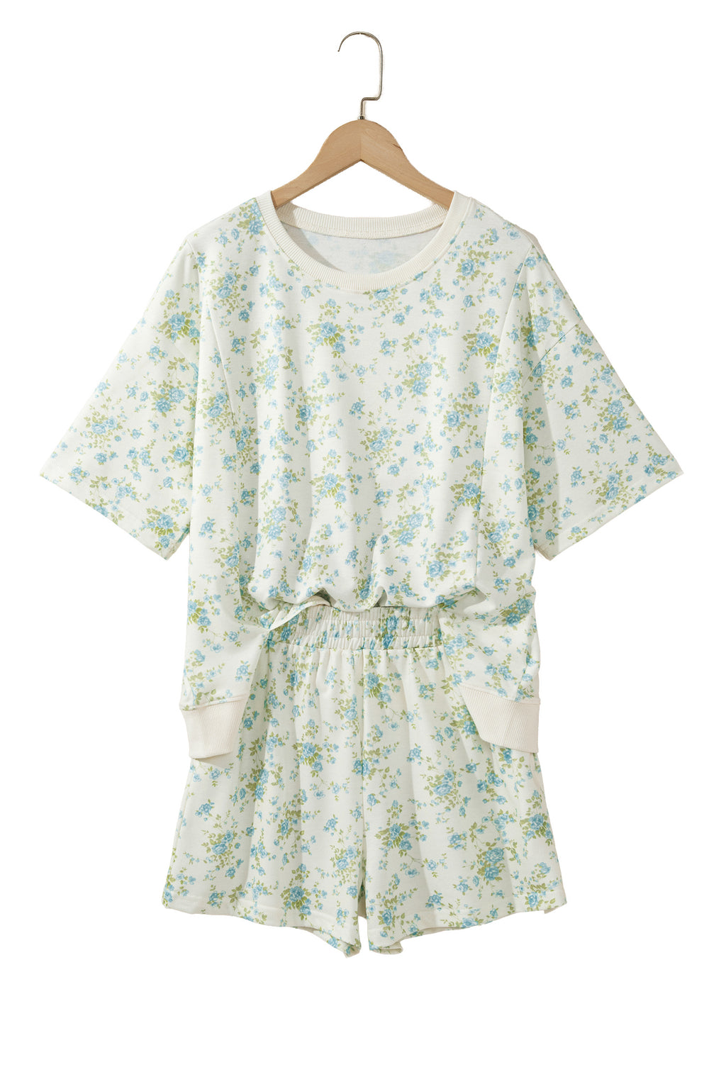 Pink Floral Print Short Sleeve Elastic Waist Pocket Two Piece Set