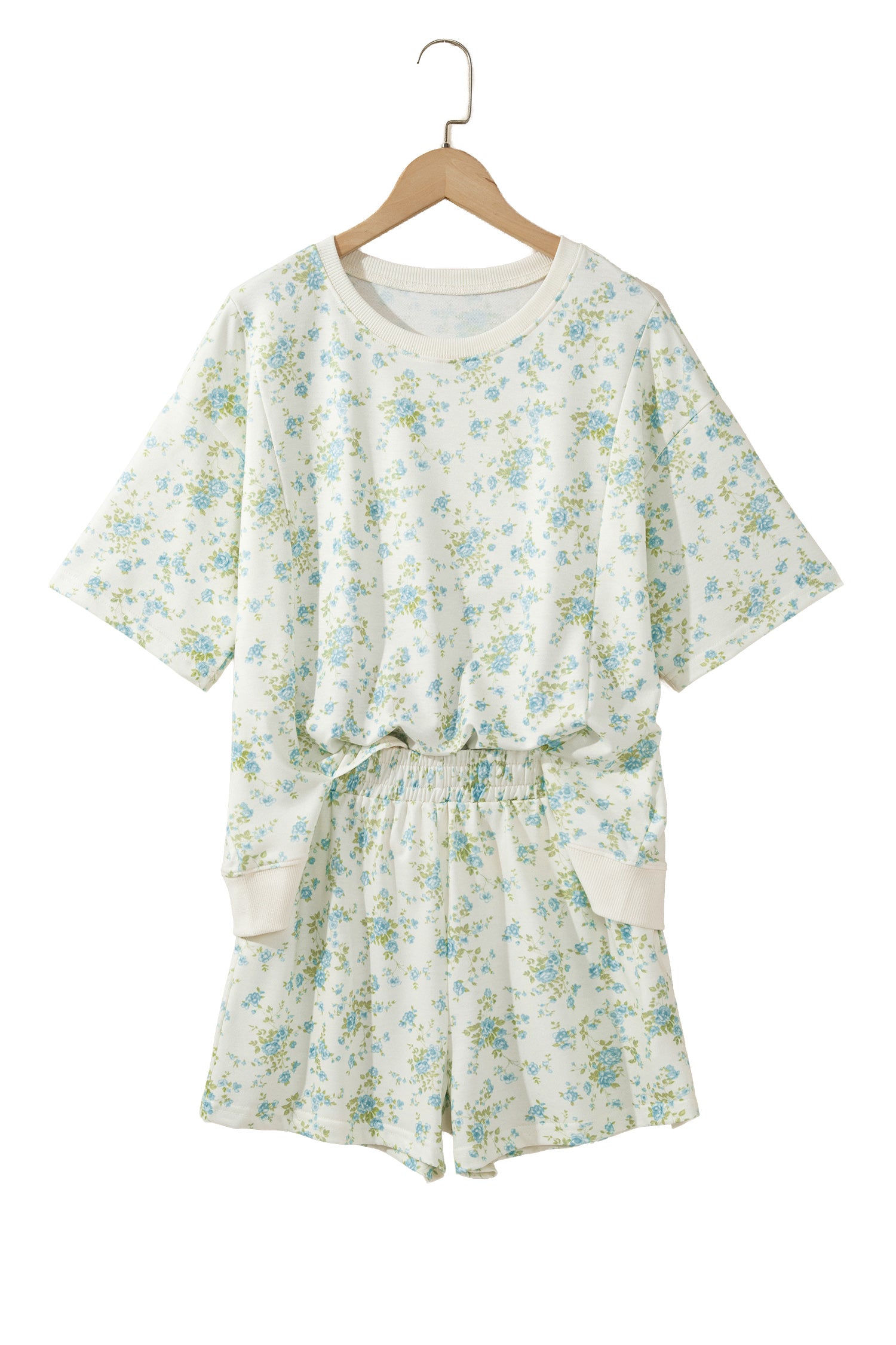 Pink Floral Print Short Sleeve Elastic Waist Pocket Two Piece Set