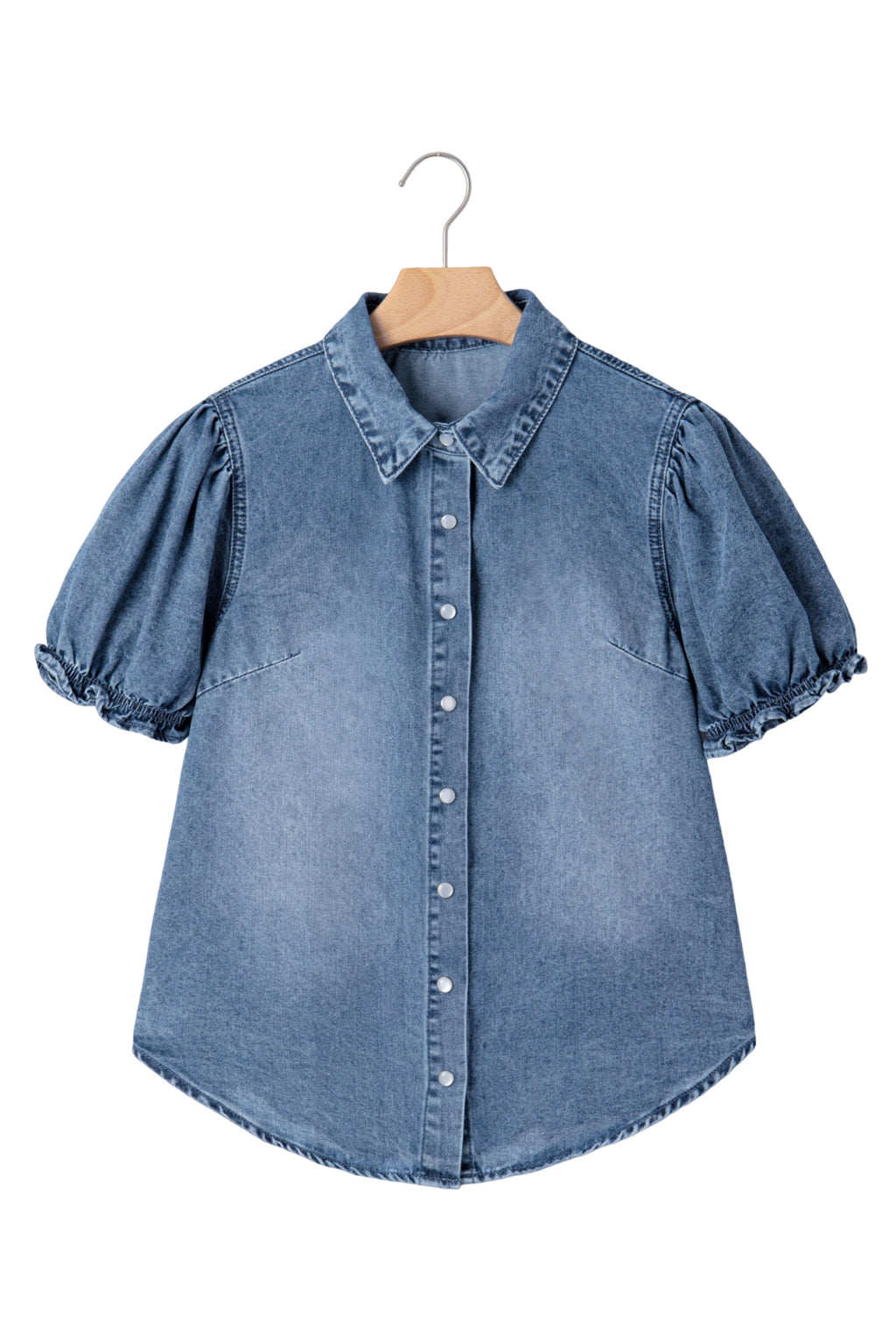 Beau Blue Frilled Short Sleeve Snap Button Denim Shirt