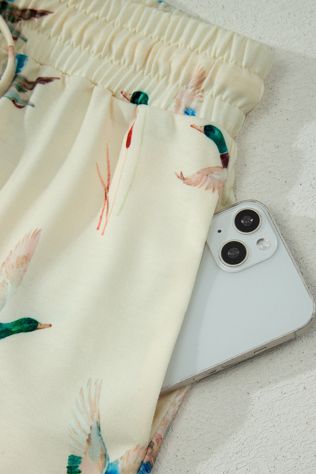 Beige Mallard Duck Print Oversized Tee Drawstring Short Set