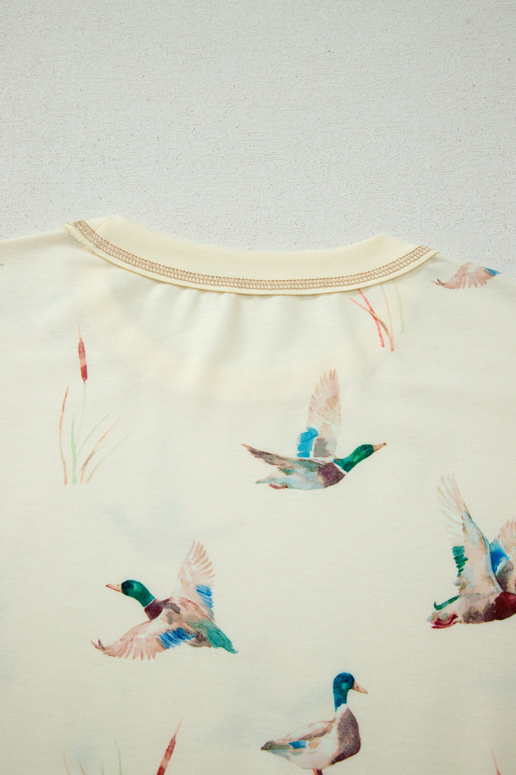 Beige Mallard Duck Print Oversized Tee Drawstring Short Set
