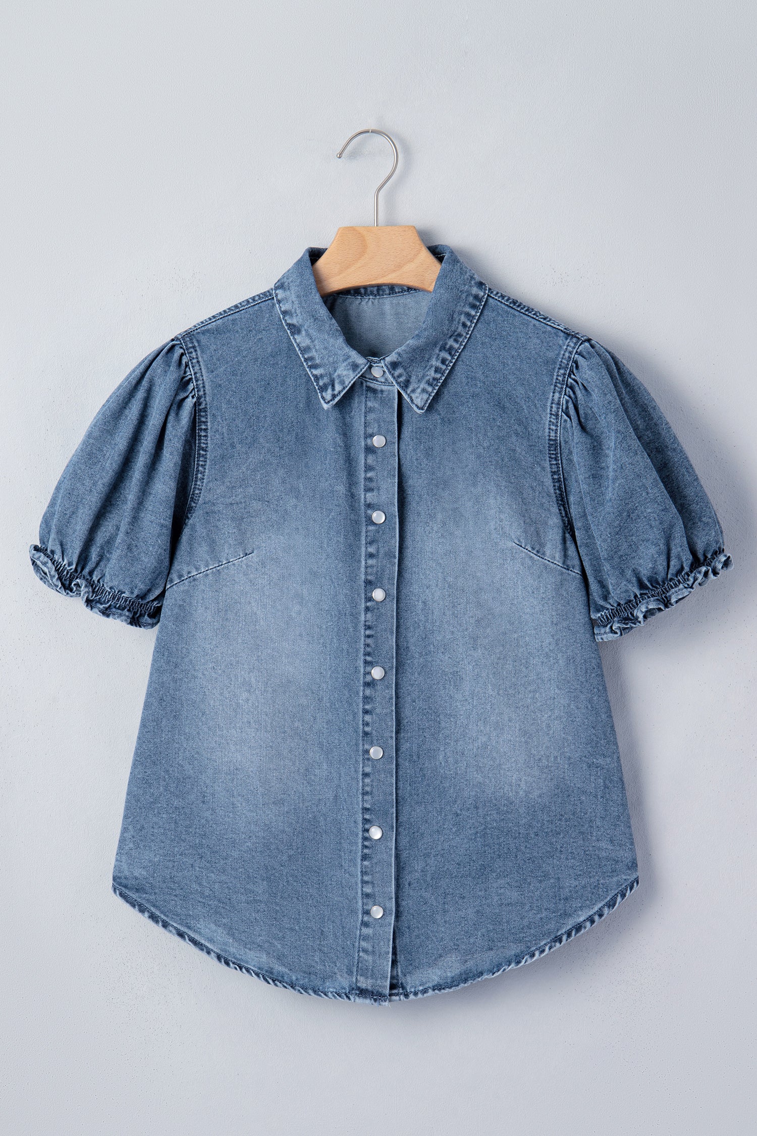 Beau Blue Frilled Short Sleeve Snap Button Denim Shirt