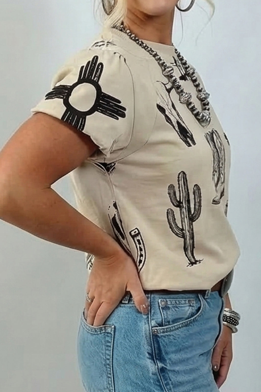 Beige Retro Western Print T Shirt