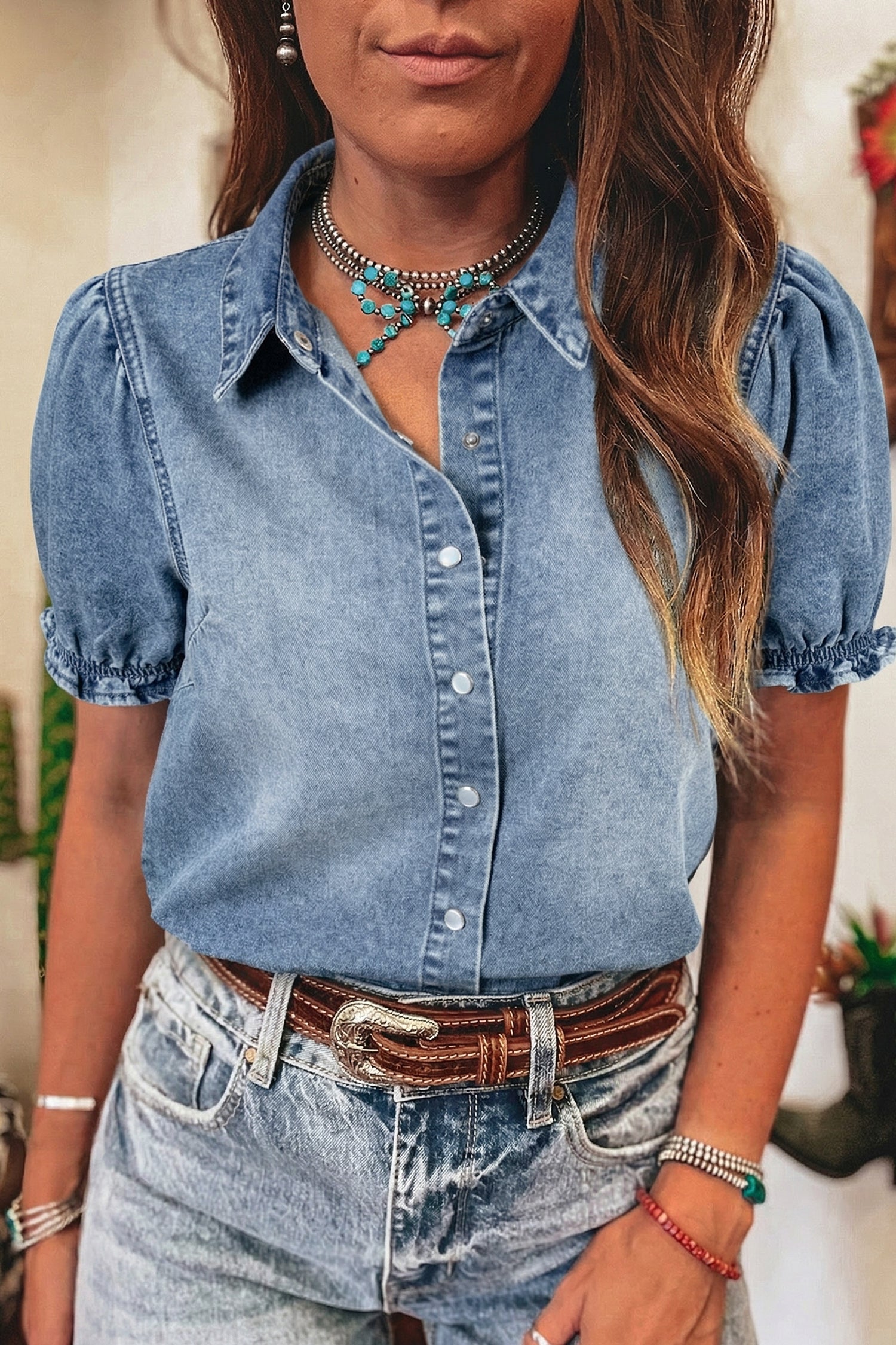 Beau Blue Frilled Short Sleeve Snap Button Denim Shirt