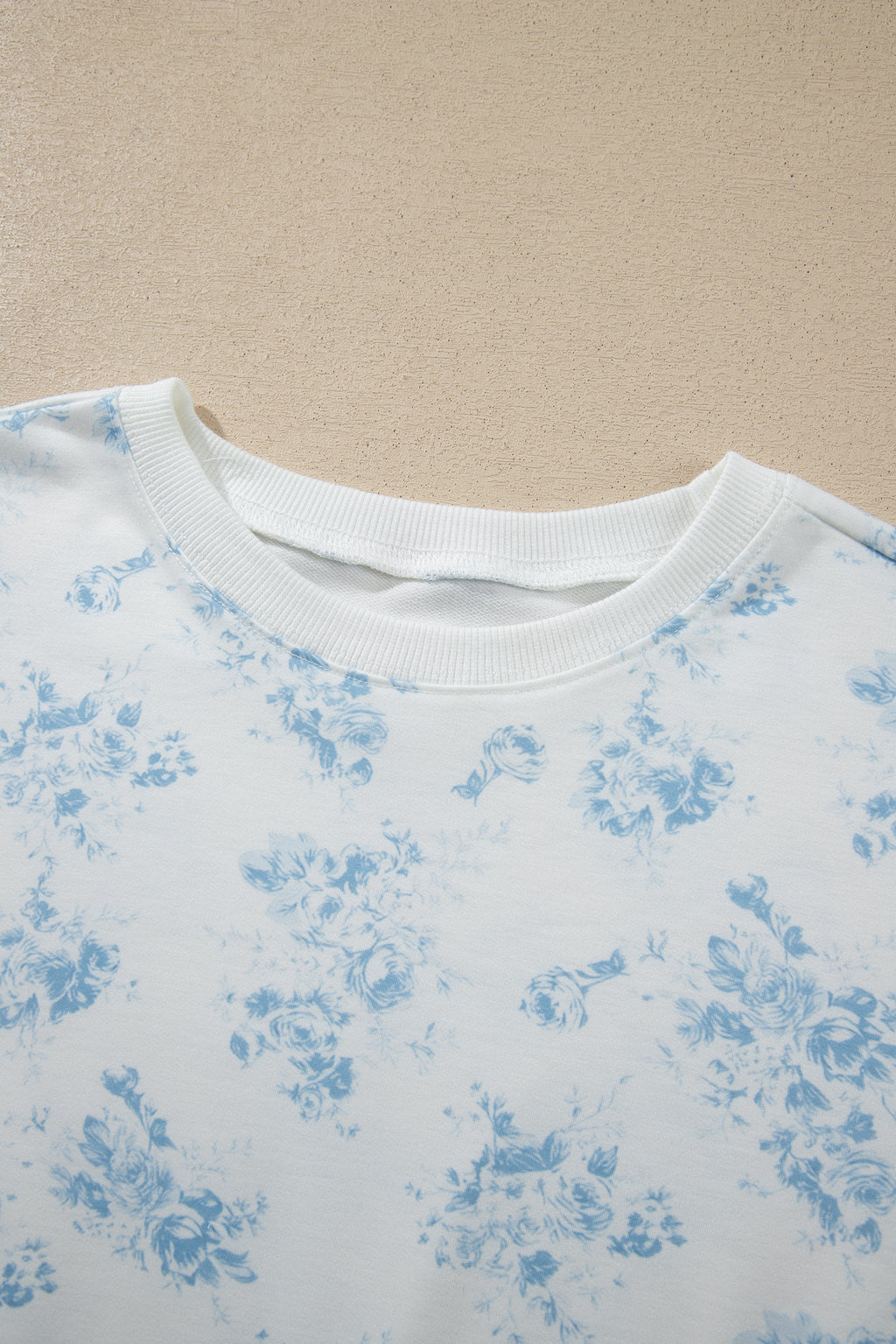 Sky Blue Floral Print Striped Detail Long Sleeve Top Ruffle Hem Shorts 2pcs Set