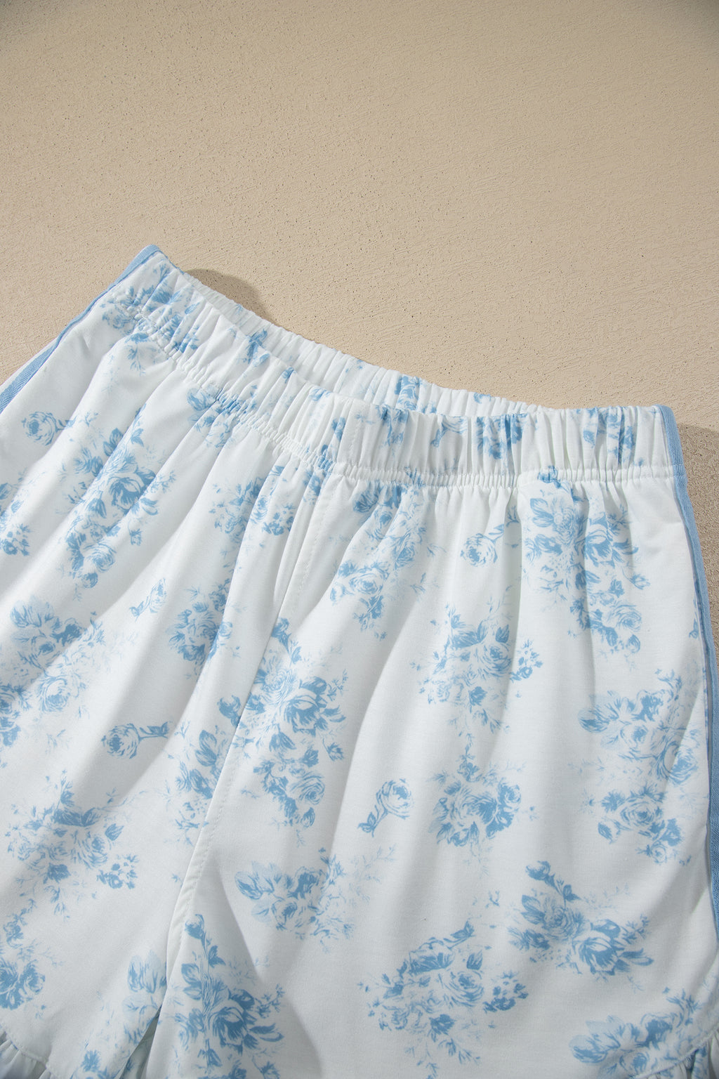 Sky Blue Floral Print Striped Detail Long Sleeve Top Ruffle Hem Shorts 2pcs Set