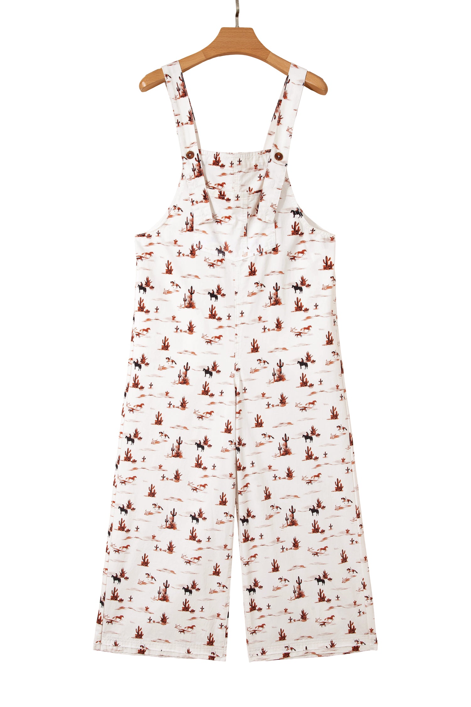 Beige Western Printed Button Adjustable Straps Loose Jumpsuit Dungarees