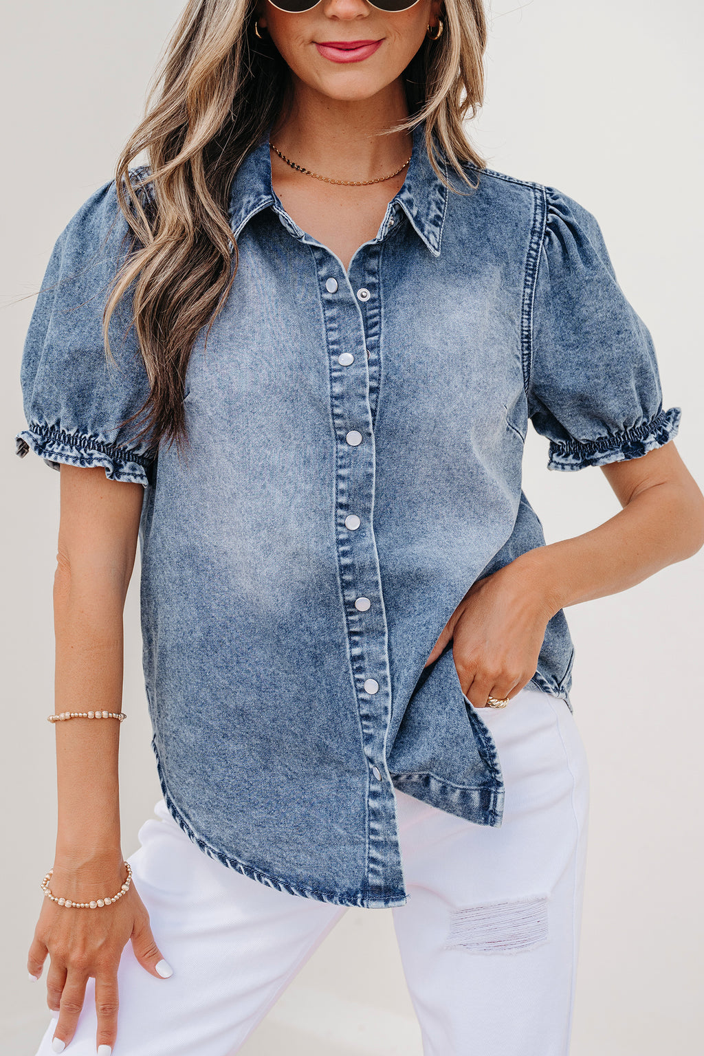 Beau Blue Frilled Short Sleeve Snap Button Denim Shirt