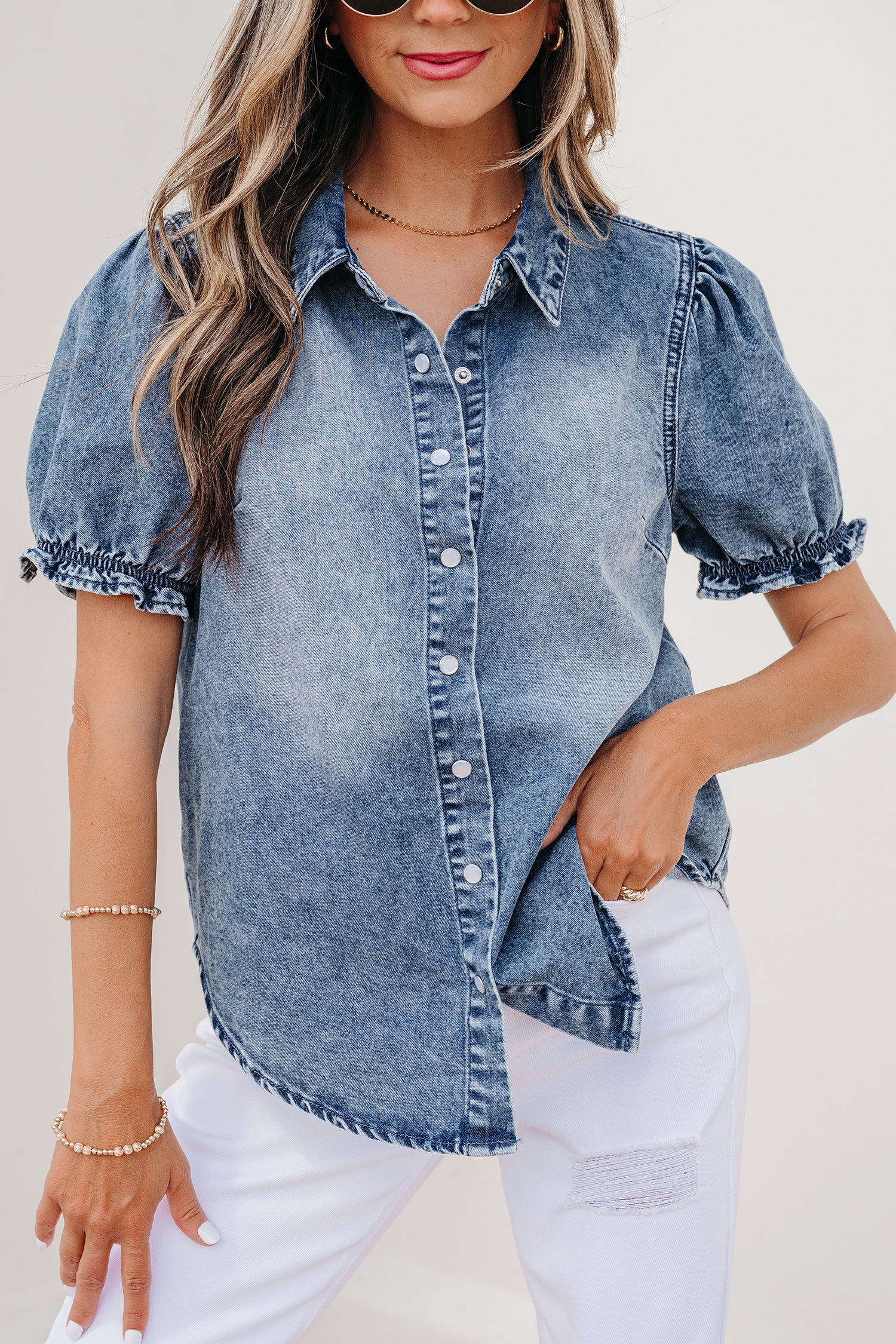 Beau Blue Frilled Short Sleeve Snap Button Denim Shirt