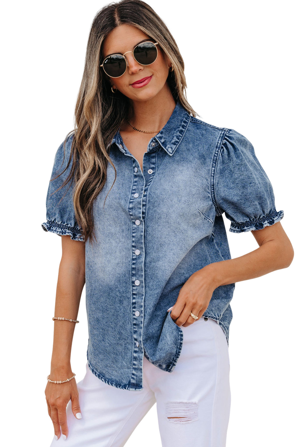 Beau Blue Frilled Short Sleeve Snap Button Denim Shirt