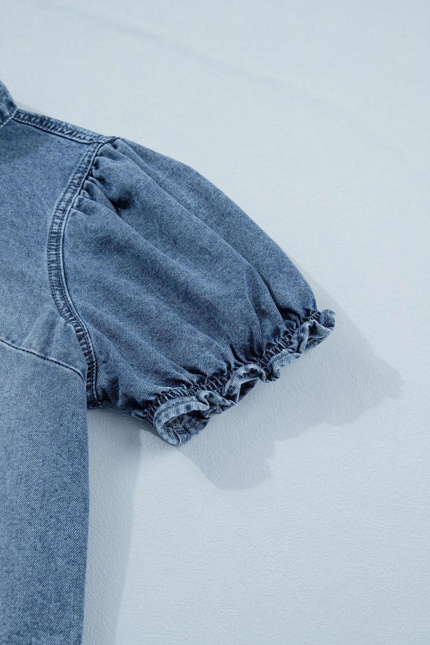 Beau Blue Frilled Short Sleeve Snap Button Denim Shirt
