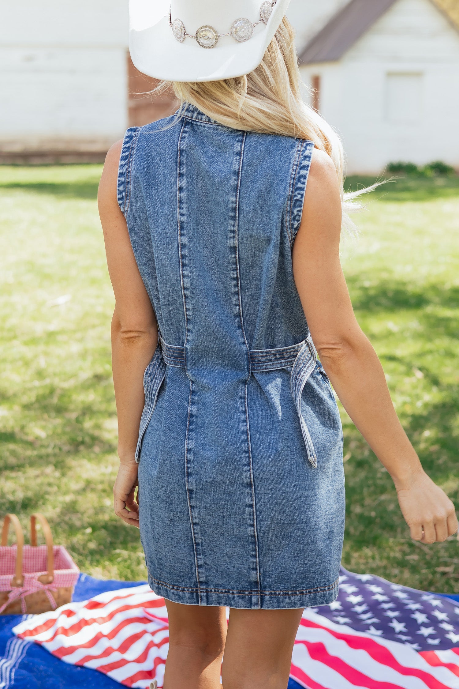 Myosotis Western Belt Button Down Sleeveless Denim Short Dress