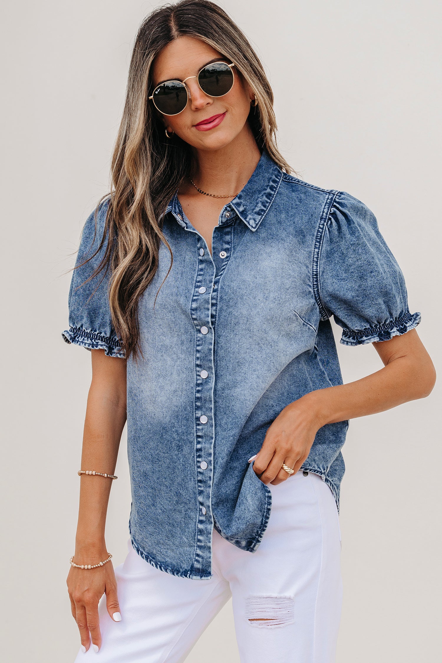 Beau Blue Frilled Short Sleeve Snap Button Denim Shirt