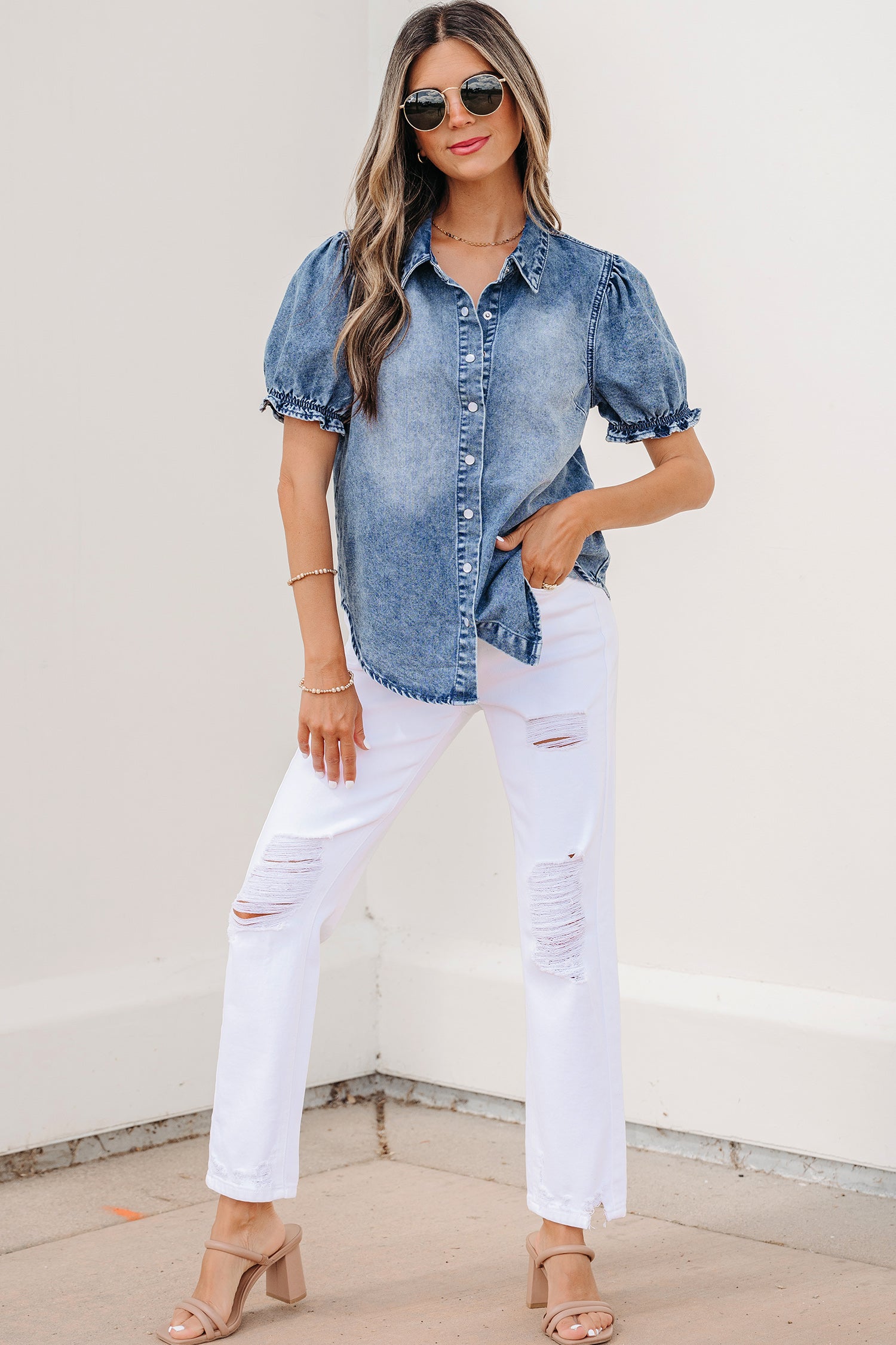 Beau Blue Frilled Short Sleeve Snap Button Denim Shirt