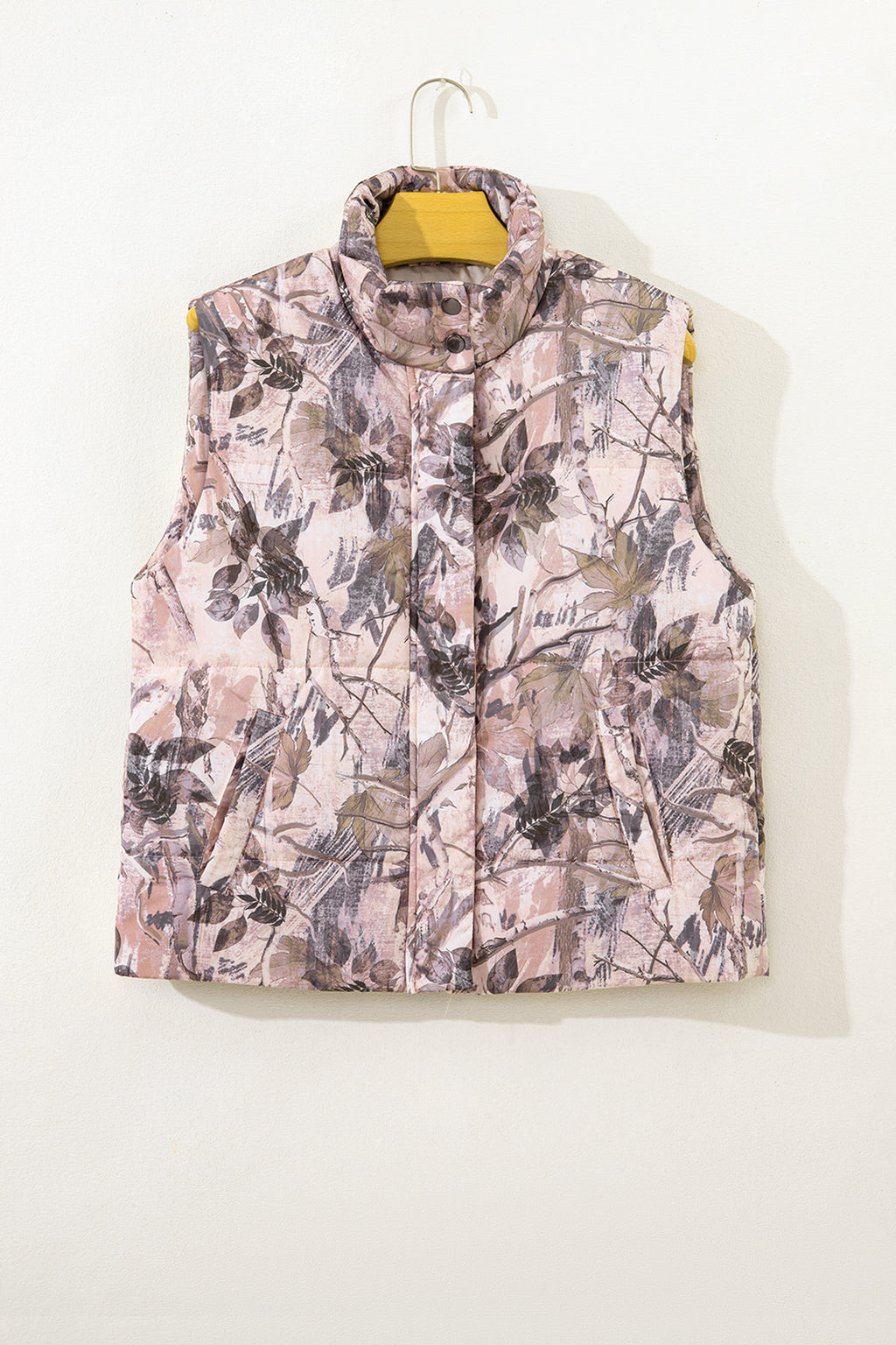 Brown Camo Leaf Print Winter Puffer Vest
