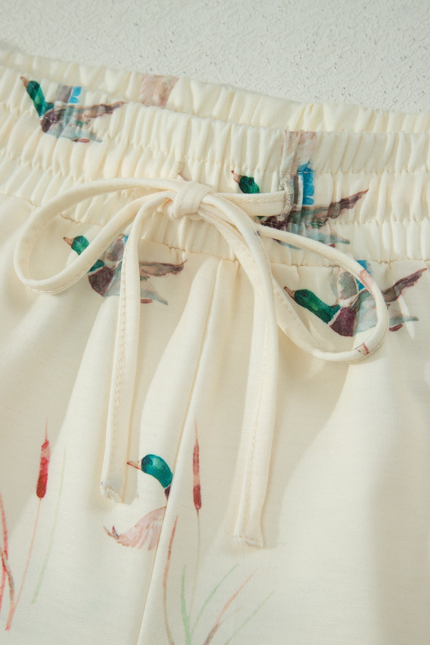 Beige Mallard Duck Print Oversized Tee Drawstring Short Set