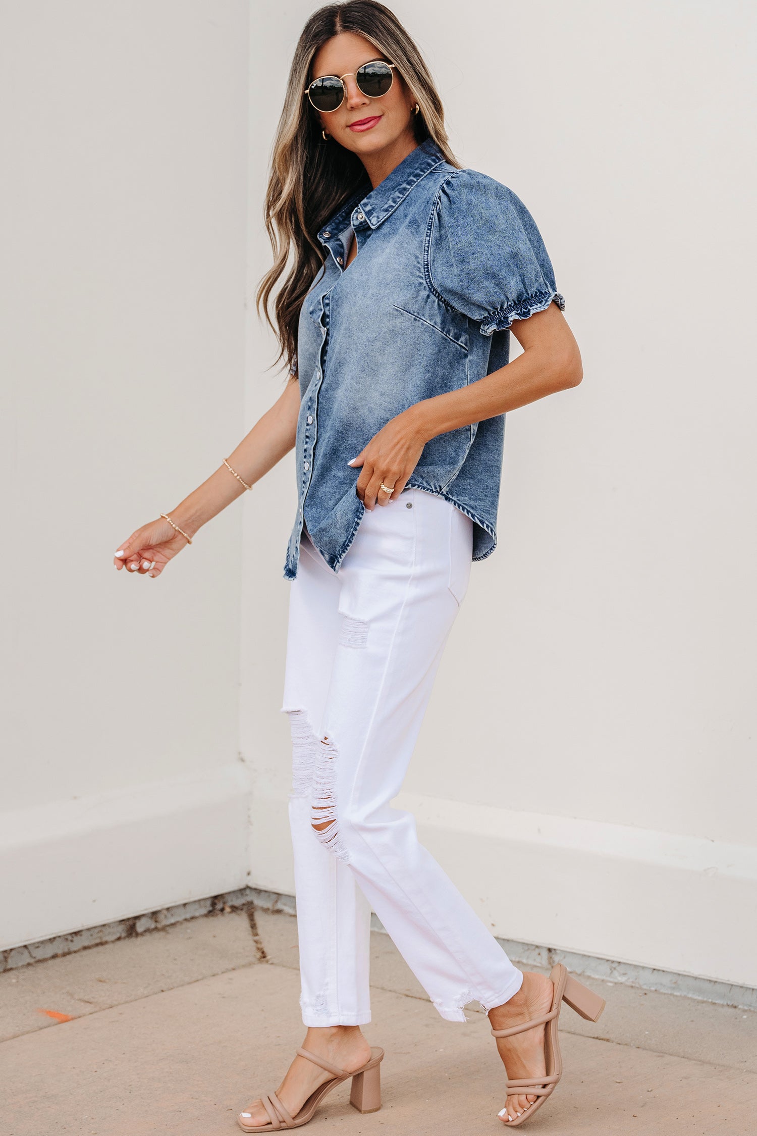 Beau Blue Frilled Short Sleeve Snap Button Denim Shirt
