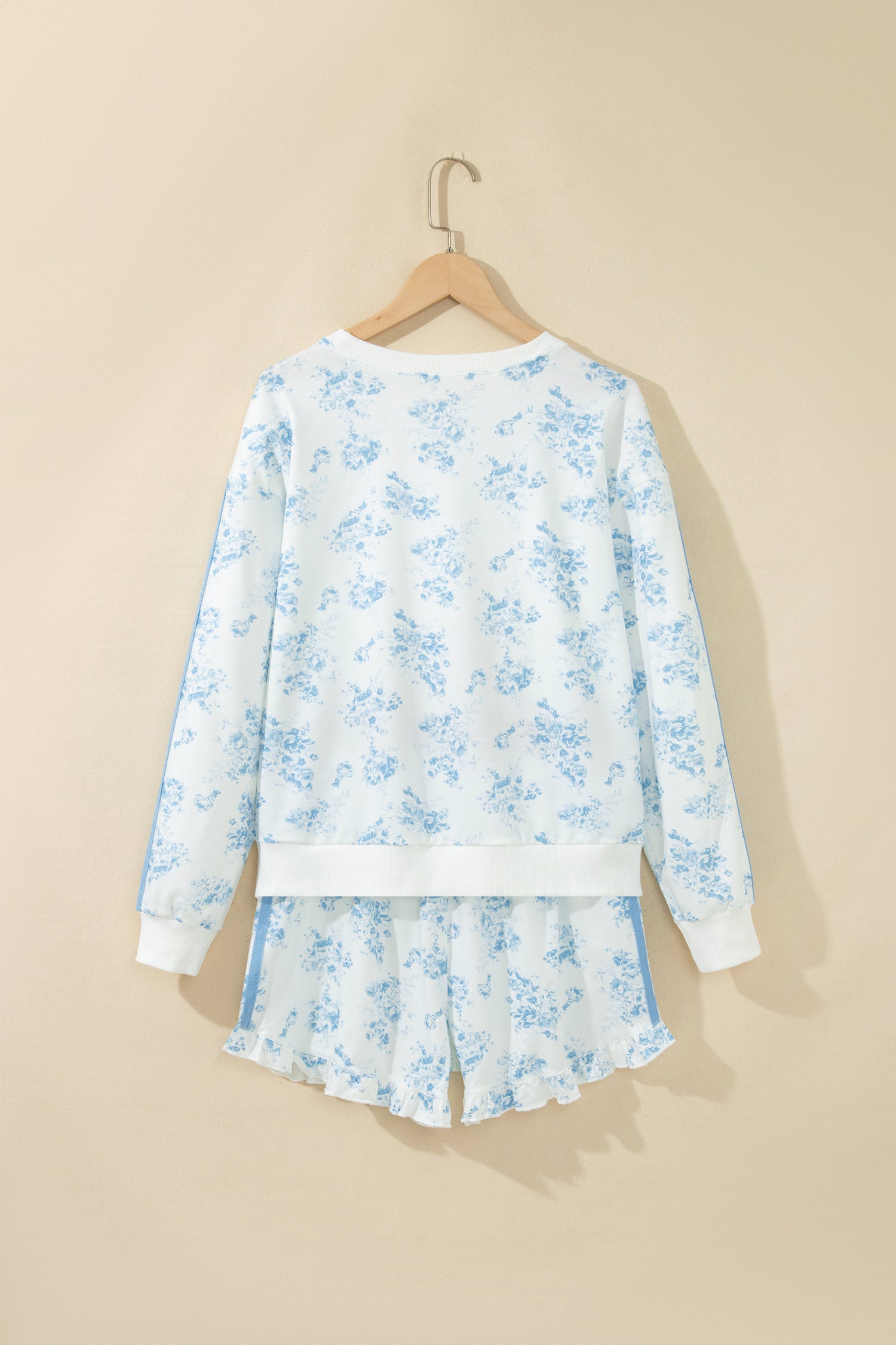 Sky Blue Floral Print Striped Detail Long Sleeve Top Ruffle Hem Shorts 2pcs Set