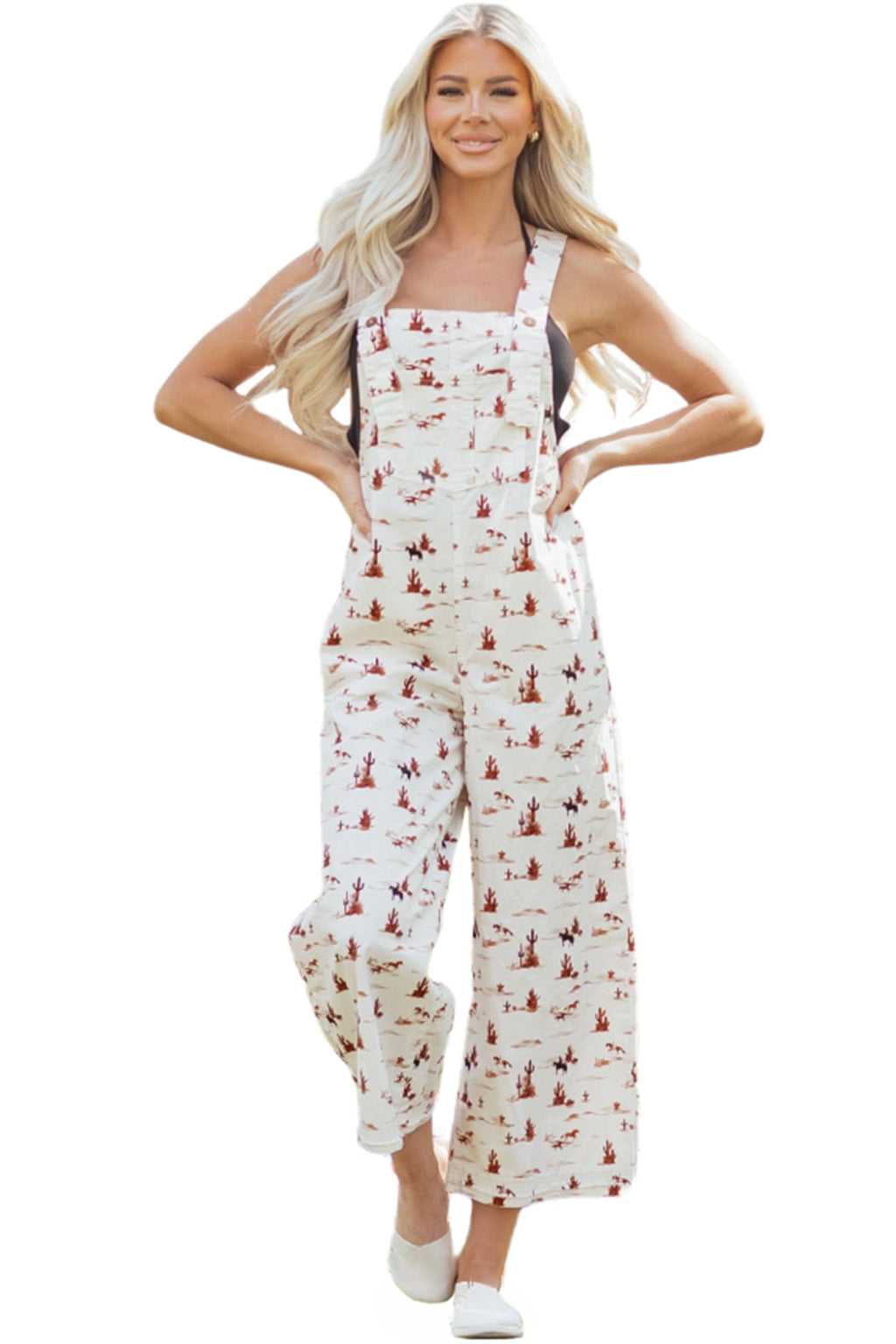 Beige Western Printed Button Adjustable Straps Loose Jumpsuit Dungarees