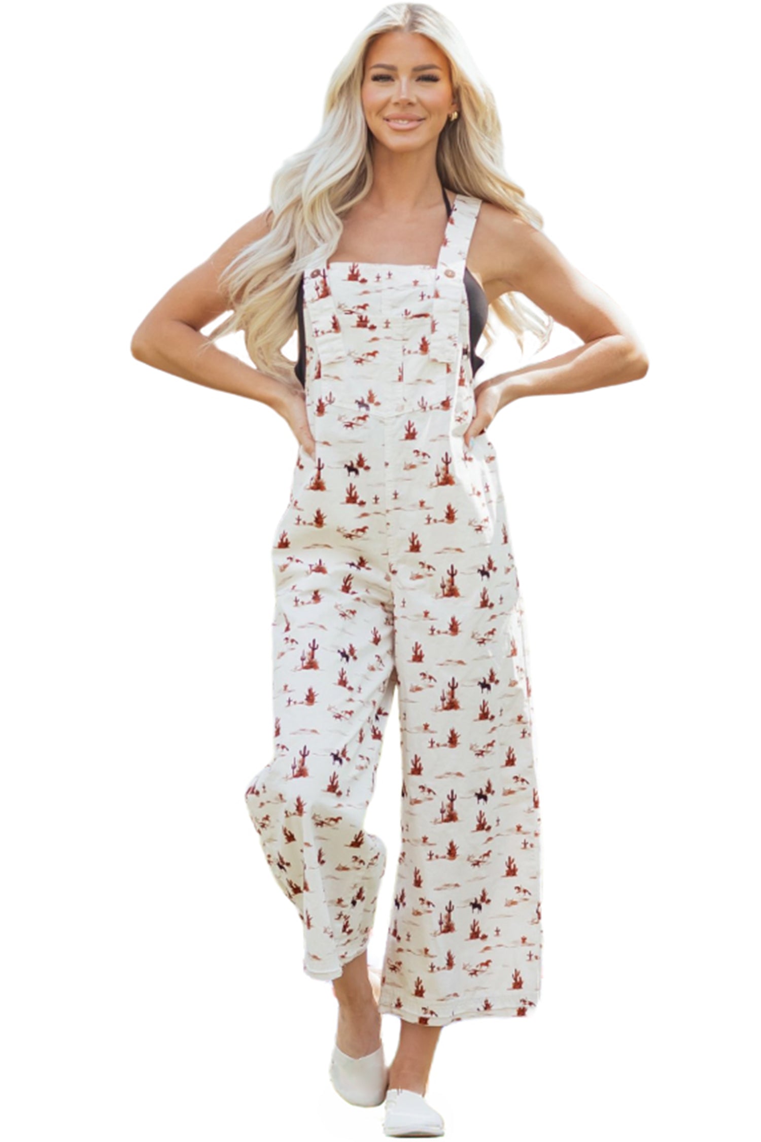 Beige Western Printed Button Adjustable Straps Loose Jumpsuit Dungarees
