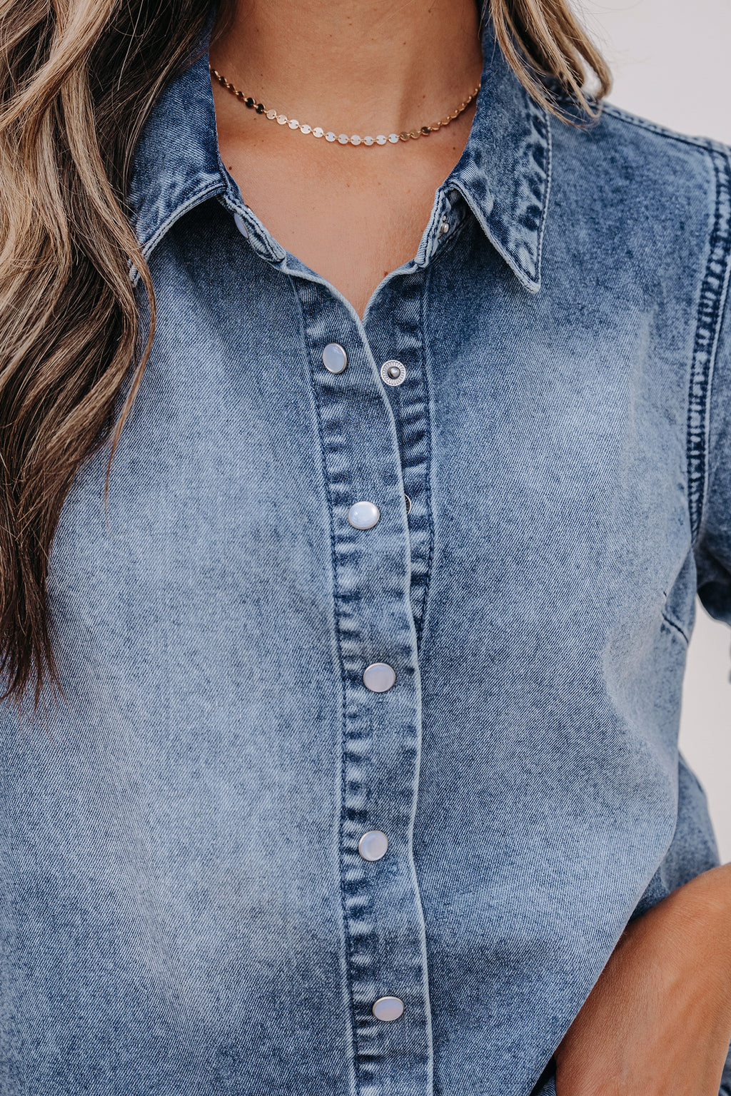 Beau Blue Frilled Short Sleeve Snap Button Denim Shirt
