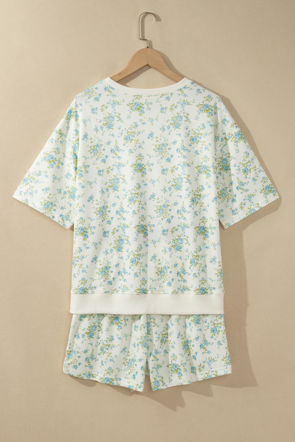 Pink Floral Print Short Sleeve Elastic Waist Pocket Two Piece Set
