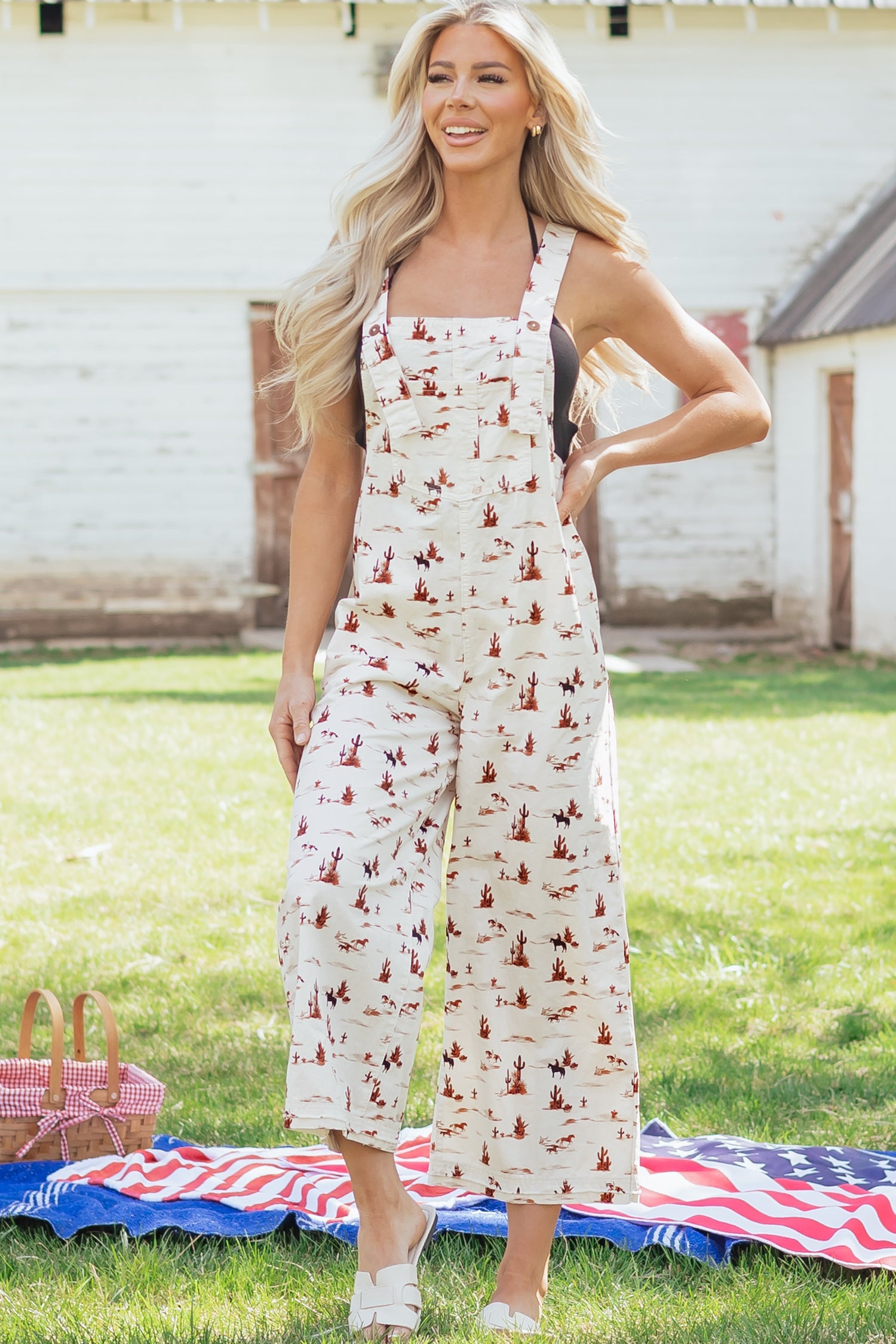 Beige Western Printed Button Adjustable Straps Loose Jumpsuit Dungarees