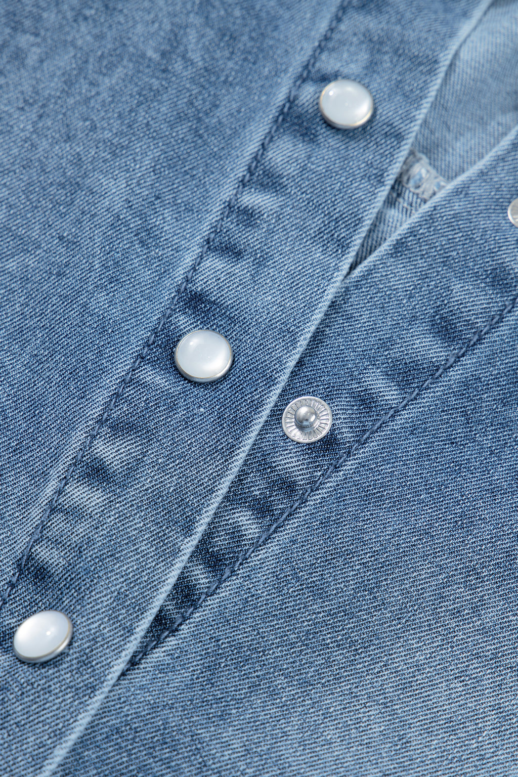 Beau Blue Frilled Short Sleeve Snap Button Denim Shirt
