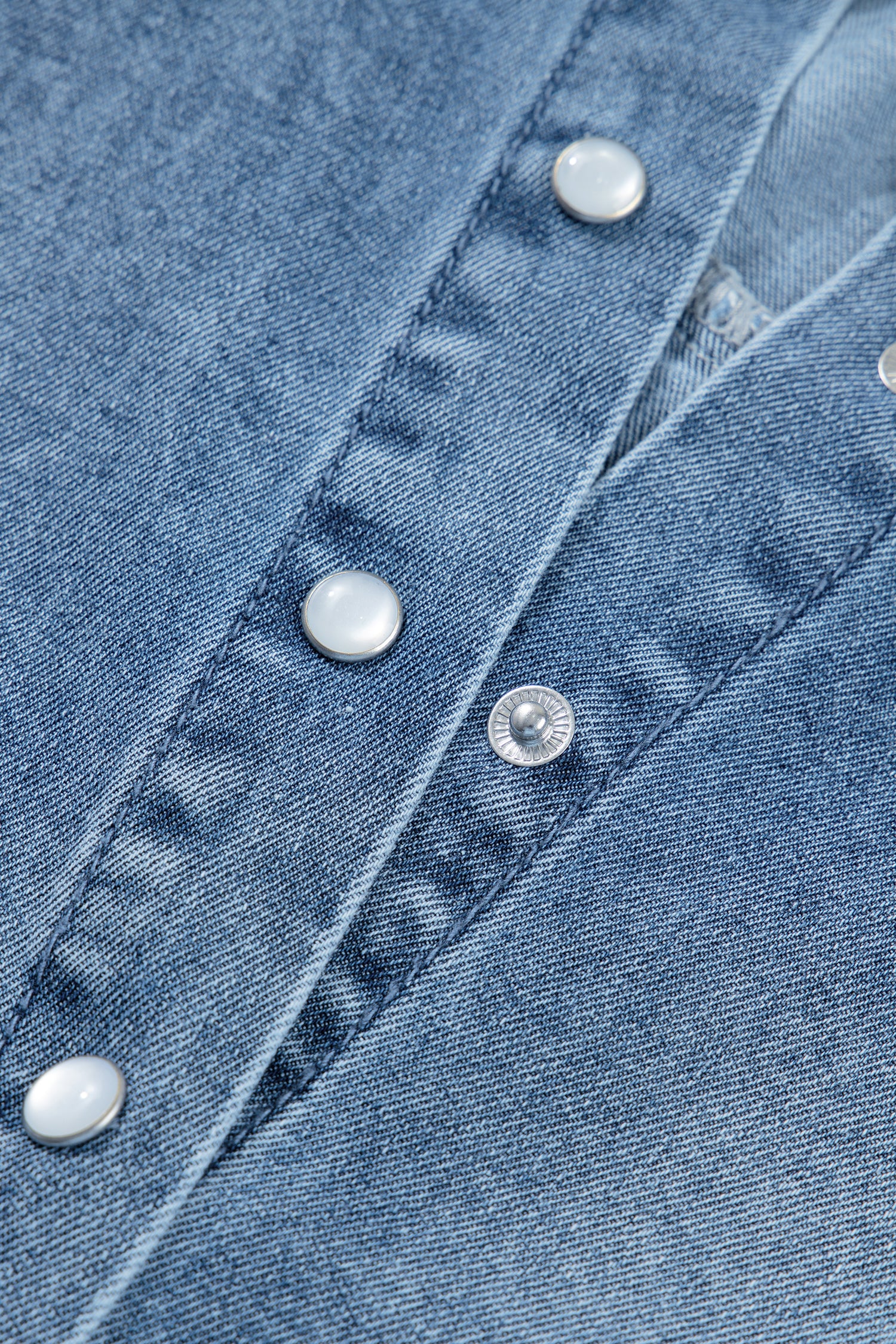 Beau Blue Frilled Short Sleeve Snap Button Denim Shirt