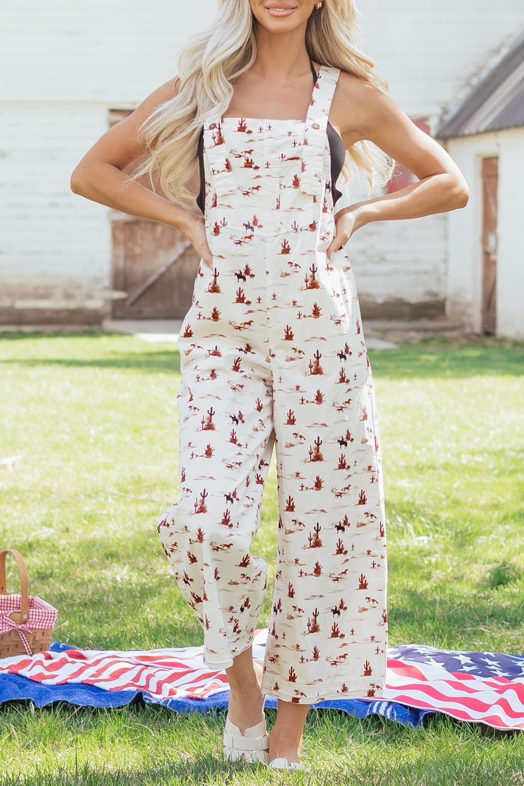Beige Western Printed Button Adjustable Straps Loose Jumpsuit Dungarees