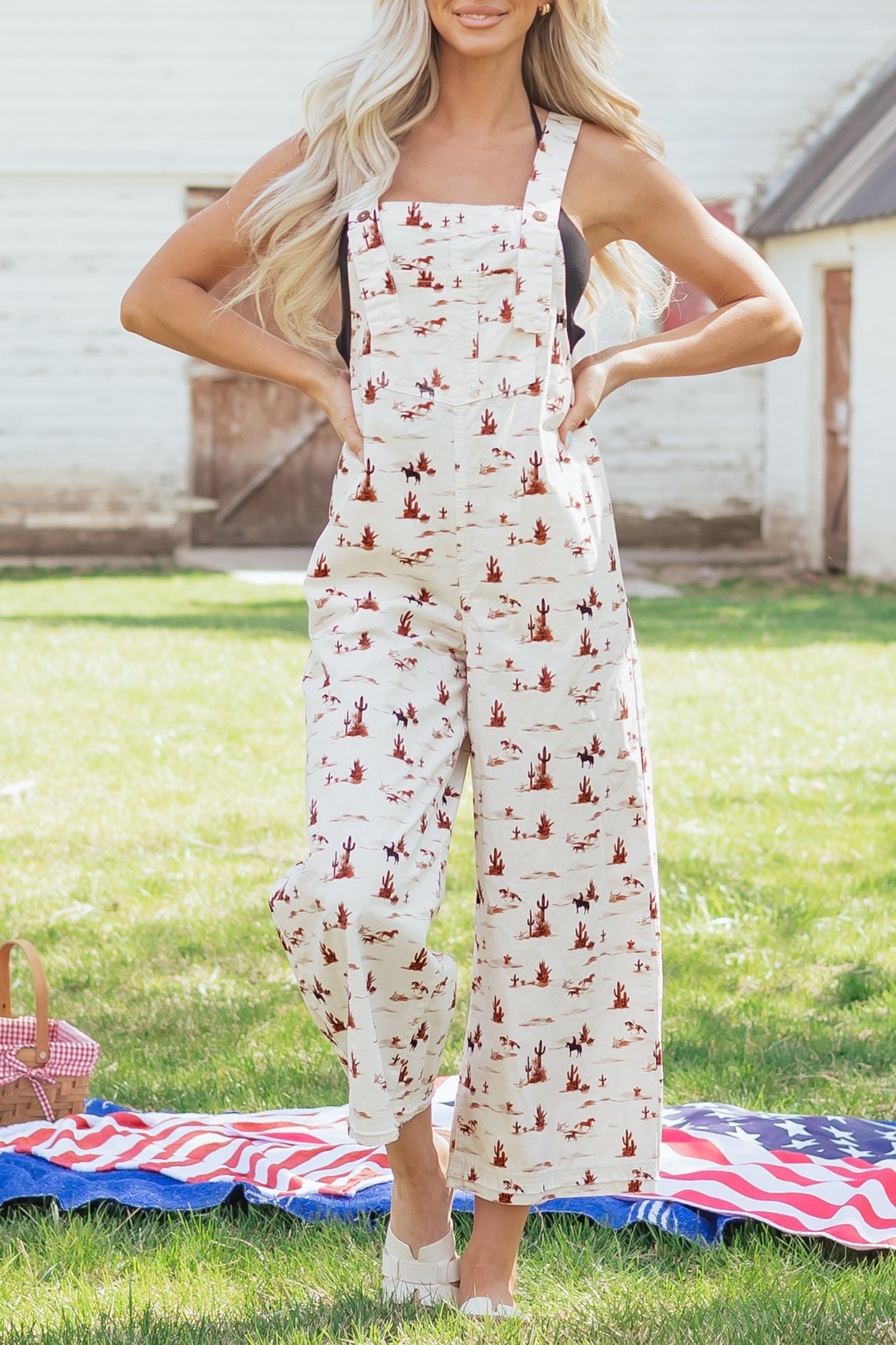 Beige Western Printed Button Adjustable Straps Loose Jumpsuit Dungarees