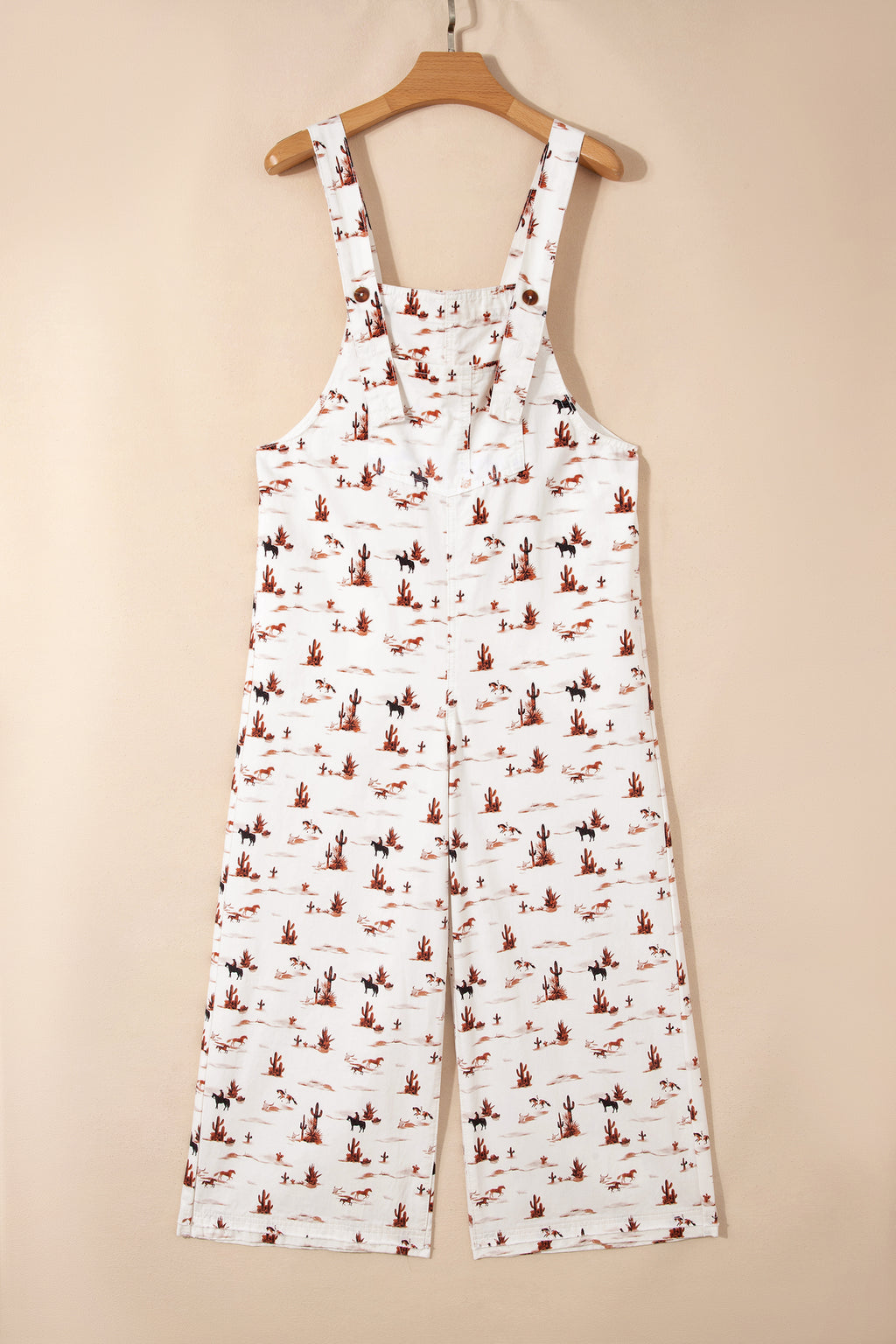 Beige Western Printed Button Adjustable Straps Loose Jumpsuit Dungarees