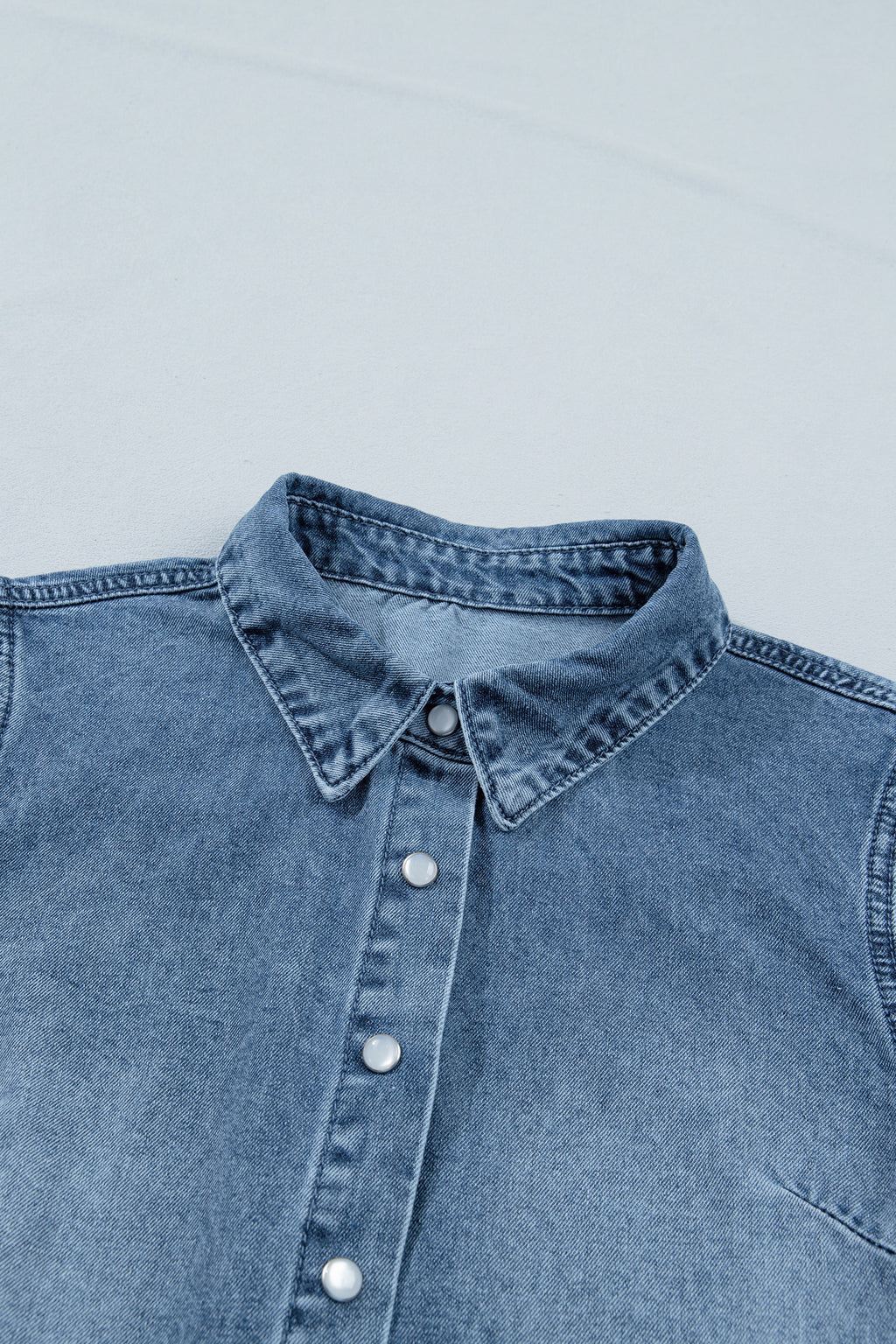 Beau Blue Frilled Short Sleeve Snap Button Denim Shirt