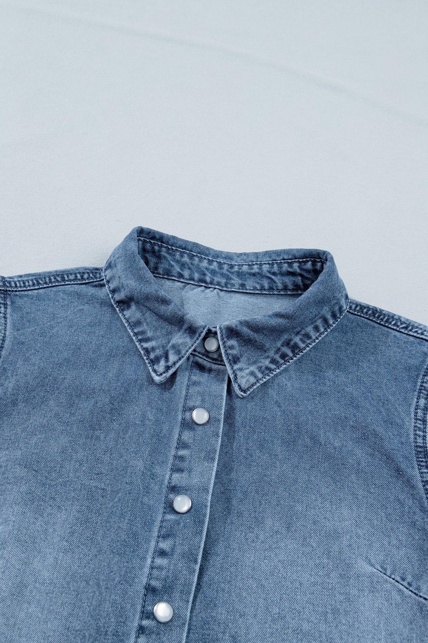 Beau Blue Frilled Short Sleeve Snap Button Denim Shirt