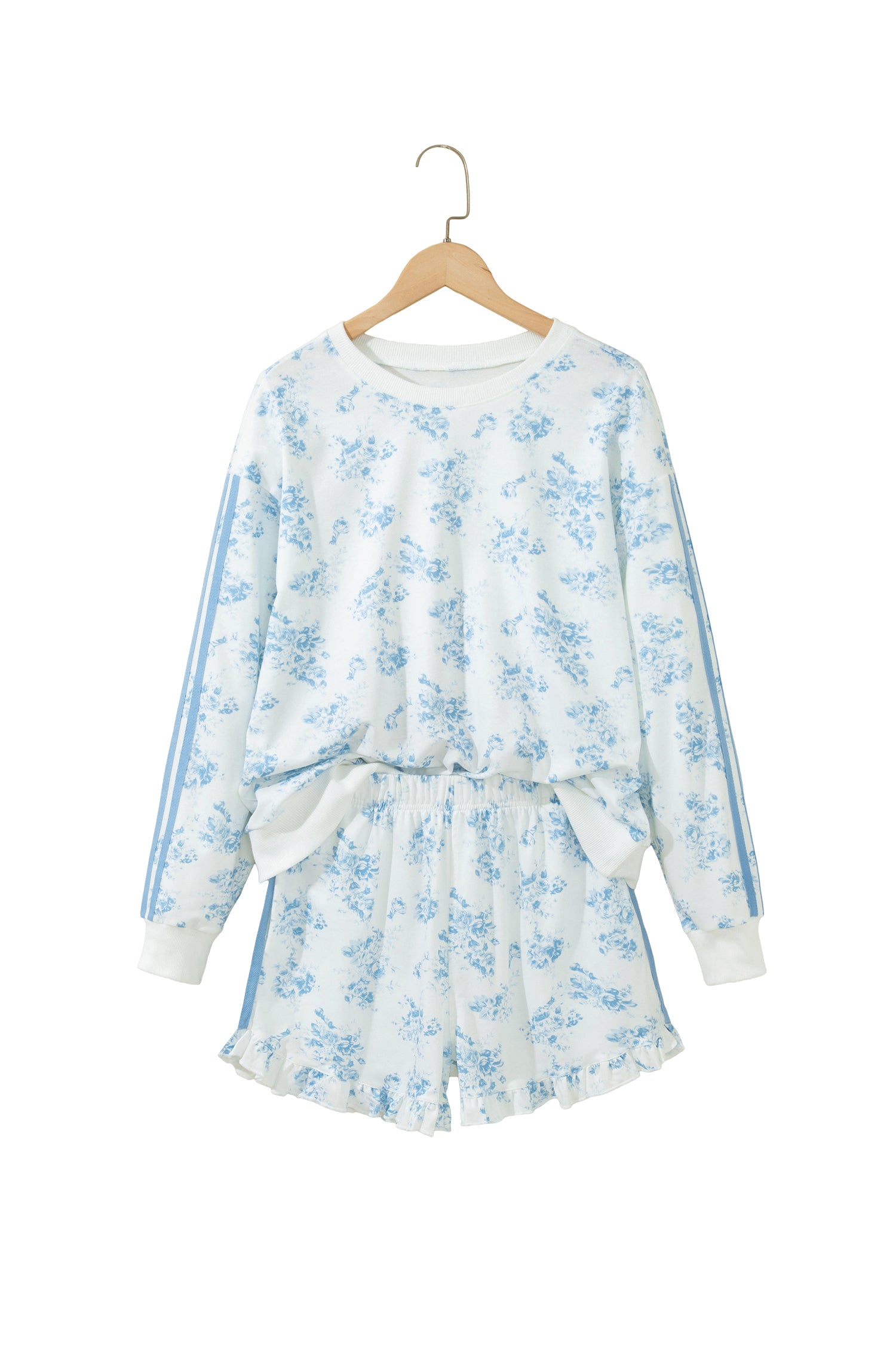 Sky Blue Floral Print Striped Detail Long Sleeve Top Ruffle Hem Shorts 2pcs Set