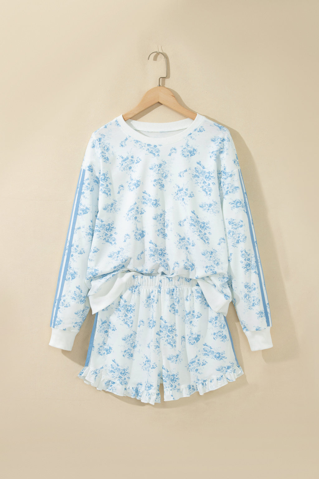 Sky Blue Floral Print Striped Detail Long Sleeve Top Ruffle Hem Shorts 2pcs Set